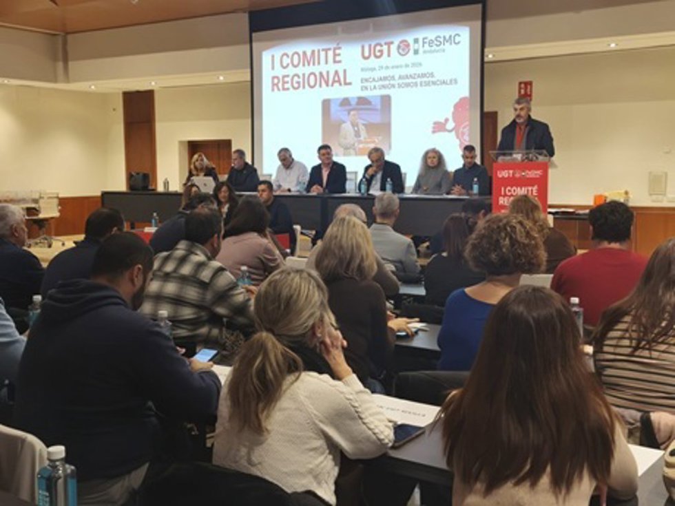 El secretario general de UGT Andalucía, Oskar Martín participa en el Comité Constituyente de Fesmc UGT Andalucía, celebrado en Málaga.
