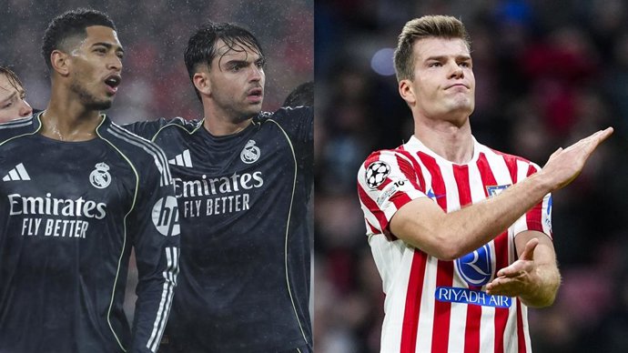 Los jugadores del Real Madrid Jude Bellingham y Raúl Asencio, ante el Benfica (izquierda), y el delantero del Atlético de Madrid Alex Sorloth, frente al Bodo/Glimt.