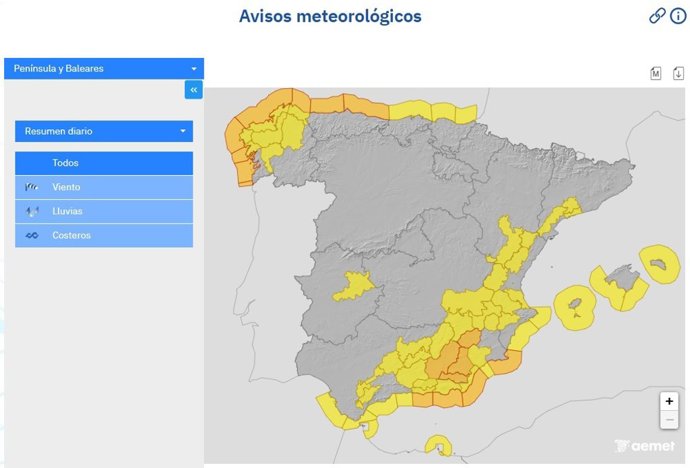 Mapa de avisos de AEMET.