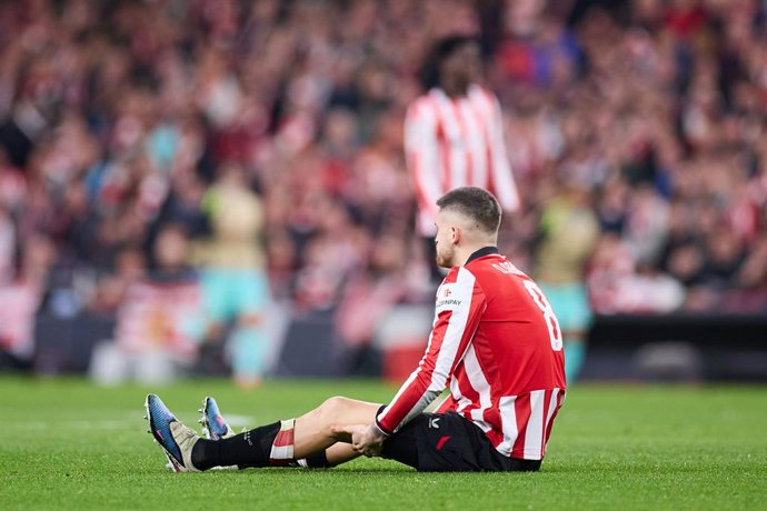 Oihan Sancet of Athletic Club reacts during the UEFA Champions League 2025/26 League Phase MD8 match between Athletic Club and Sporting Clube de Portugal at San Mames on January 28, 2026, in Bilbao, Spain.