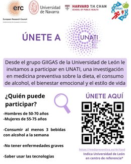 Cartel informativo para la adhesión de voluntarios al ensayo clínico sobre alcohol y salud en mayores de 50 años.
