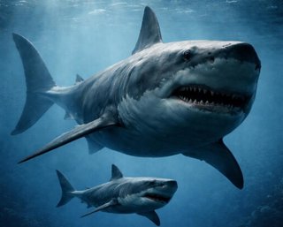 Hembra grávida de Otodus megalodon junto a su cría. Imagen generada con IA.