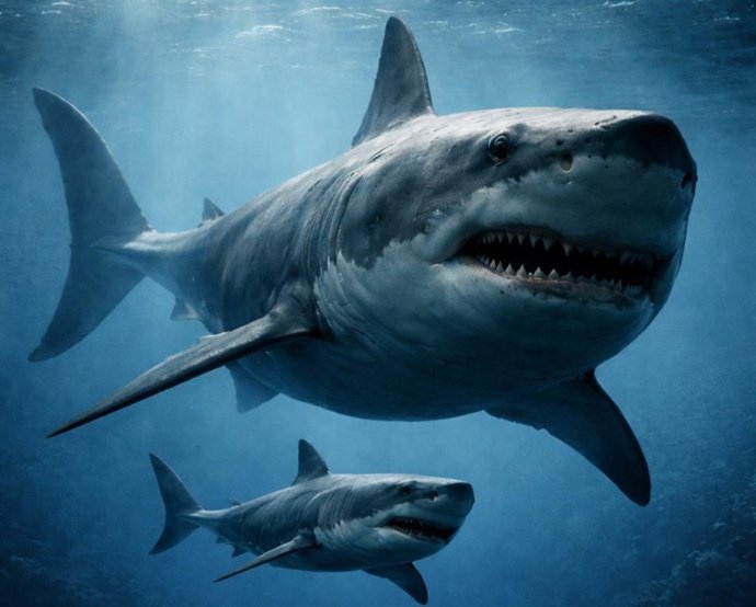 Hembra grávida de Otodus megalodon junto a su cría. Imagen generada con IA.