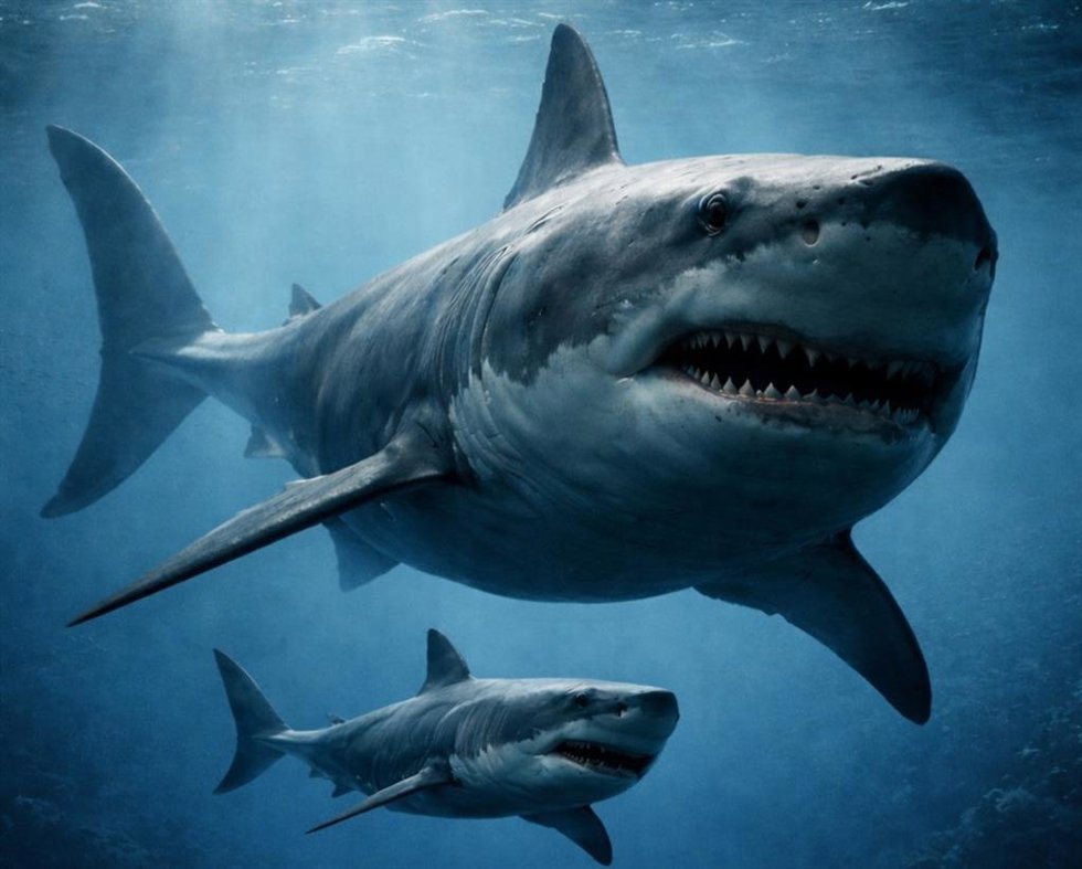 Hembra grávida de Otodus megalodon junto a su cría. Imagen generada con IA.