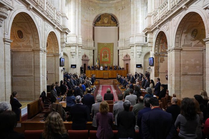 El Parlamento andaluz guarda un minuto de silencio por las víctimas del accidente de tren de Adamuz (Córdoba).