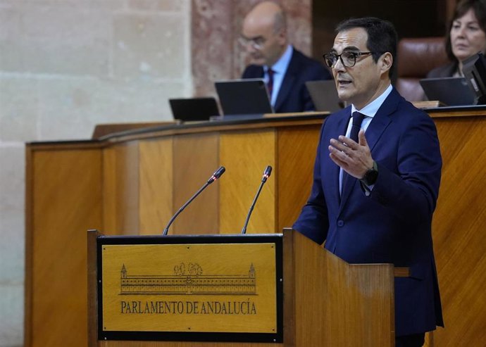 El consejero de Justicia, Administración Local y Función Pública José Antonio Nieto Ballesteros interviene en el pleno de hoy en el Parlamento de Andalucía, A 29 de enero de 2025 en Sevilla, Andalucía (España). El Pleno extraordinario del Parlamento andal