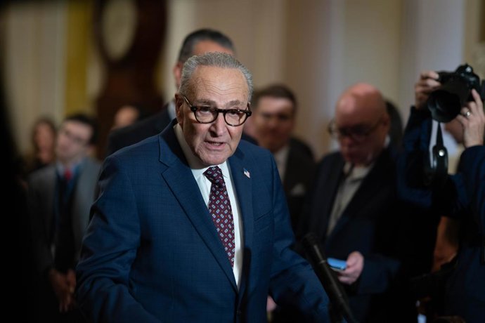 January 28, 2026, Washington, District Of Columbia, USA: Senate Minority Leader CHUCK SCHUMER (D-NY) spoke with reporters at the Capitol after a closed-door meeting with Senate Democrats, announcing a unified set of demands for reforms to Immigration and 