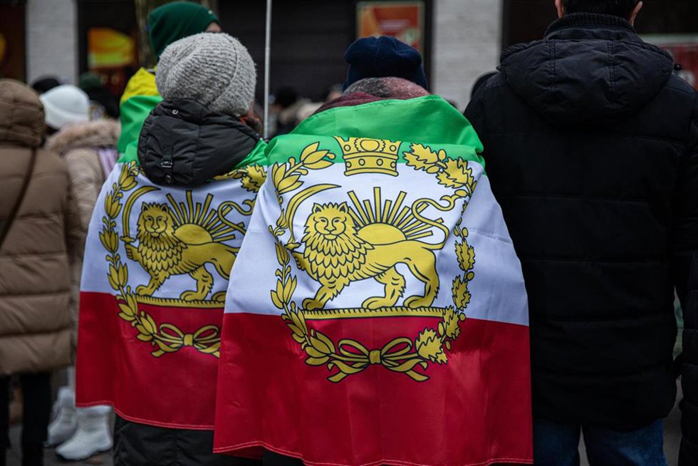 January 24, 2026, Berlin, Berlin, Germany: Protesters gathered Saturday, January 24, 2026, at Joachimsthaler Platz in western Berlin to rally in support of demonstrations in Iran, calling for U.S. military intervention and voicing support for Reza Pahla