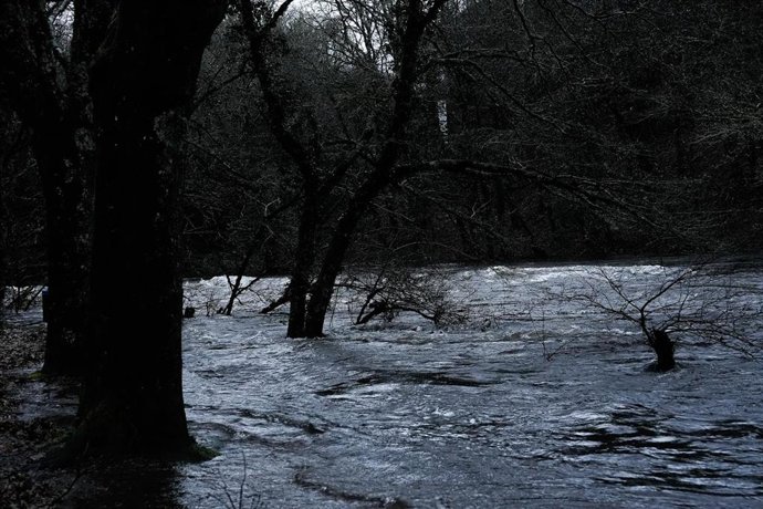Desbordamento do río Lérez ao seu paso pola zona recreativa de Lodeiro na parroquia de Campo Lameiro, a 26 de xaneiro de 2026, en Campo Lameiro, Pontevedra, Galicia (España). 