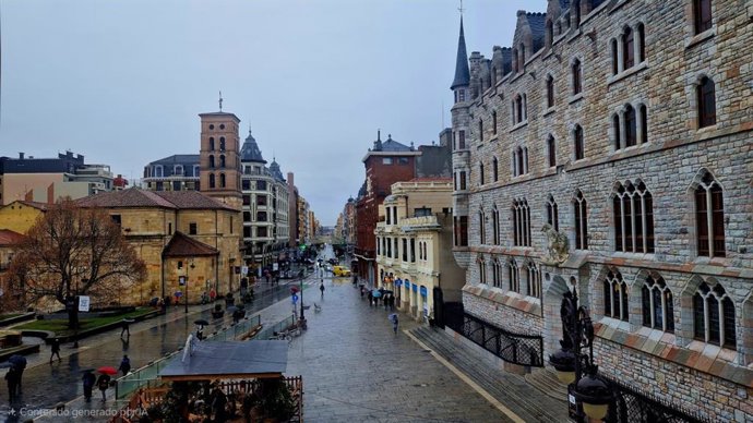 Zona en la que comenzarán las obras de la Calle Ancha de la capital leonesa, en el entorno del Museo Casa Botines, el Palacio de los Guzmanes y San Marcelo.