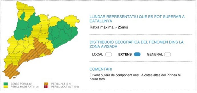 Imagen de los avisos activos por viento este sábado en Catalunya