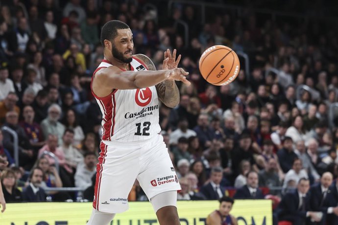 Joel Soriano of Casademont Zaragoza in action during the Spanish League, Liga ACB Endesa, basketball match played between FC Barcelona and Casademont Zaragoza  at Palau Blaugrana on January 02, 2026 in Barcelona, Spain.