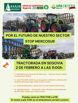 Cartel difundido por las OPA de Segovia para convocar la tractorada del lunes 2 de febrero