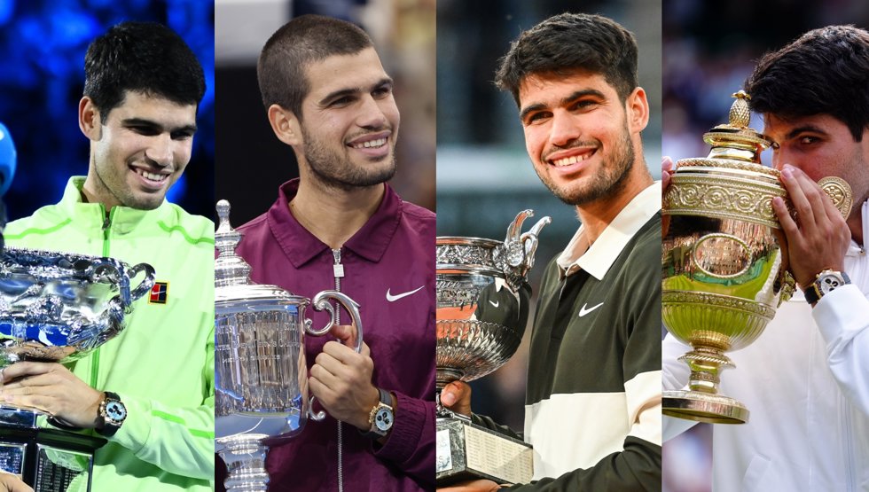 Carlos Alcaraz con los trofeos del Abierto de Australia, del US Open, de Roland Garros y de Wimbledon