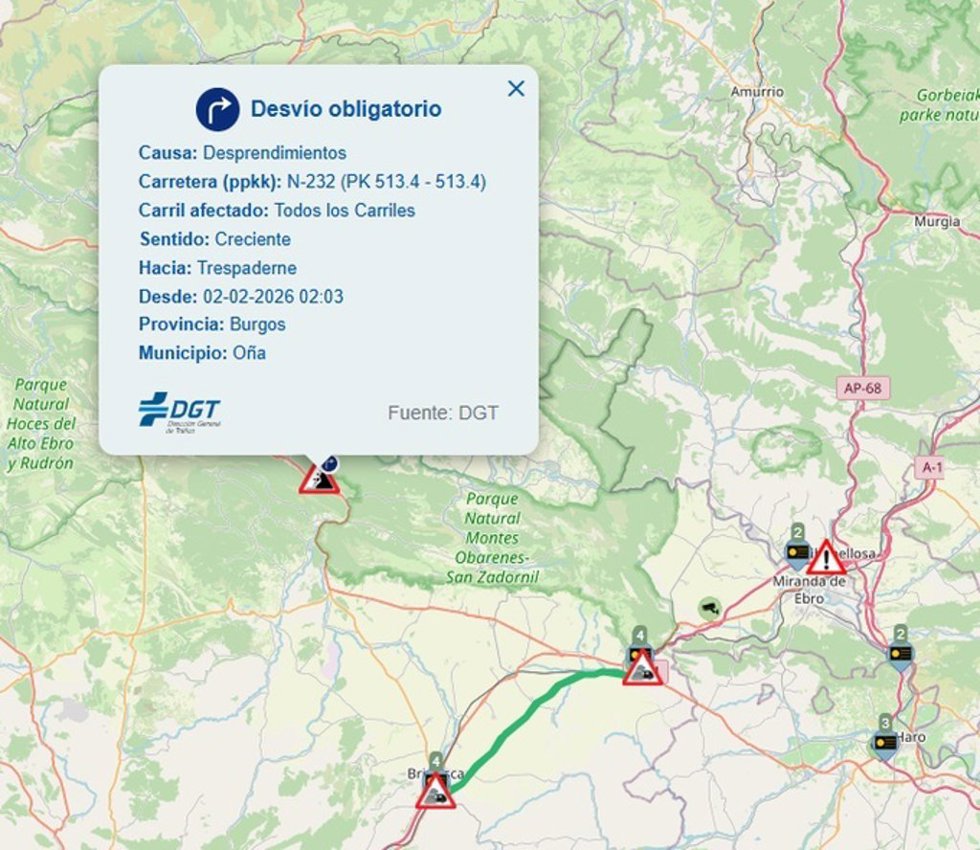 Gráfico difundido por la DGT con información del kilómetro afectado por el desprendimiento en la N-232