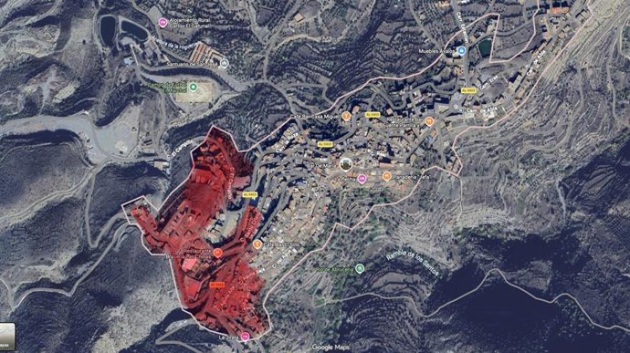 Mapa del municipio de Abrucena (Almería) con las calles afectadas por los cortes de suministro eléctrico marcadas en rojo.