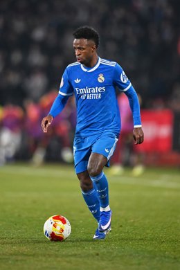 Vinicius Junior of Real Madrid runs with the ball during the Spanish Cup, Copa del Rey, Round of 16 football match between Albacete Balompie and Real Madrid at Estadio Carlos Belmonte on January 14, 2026 in Albacete, Spain