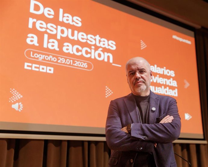 El secretario general de CCOO, Unai Sordo, en la la reciente asamblea general con delegadas y delegados de CCOO celebrada la semana pasada en Logroño, La Rioja (España). 