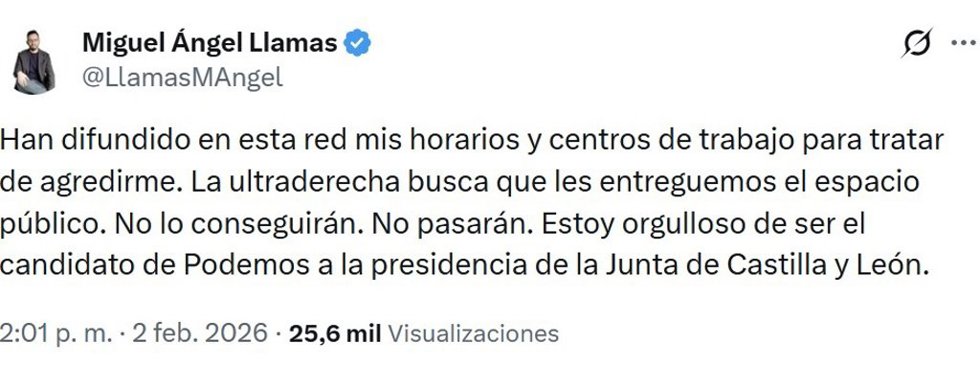 Captura del mensaje de denuncia del candidato de Podemos.