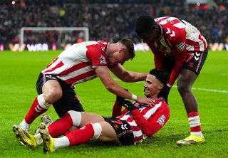 02 February 2026, United Kingdom, Sunderland: Sunderland's Chemsdine Talbi (C) celebrates scoring his side's third goal with teammates during the English Premier League soccer match between Sunderland and Burnley at the Stadium of Light. Photo: Owen Humph
