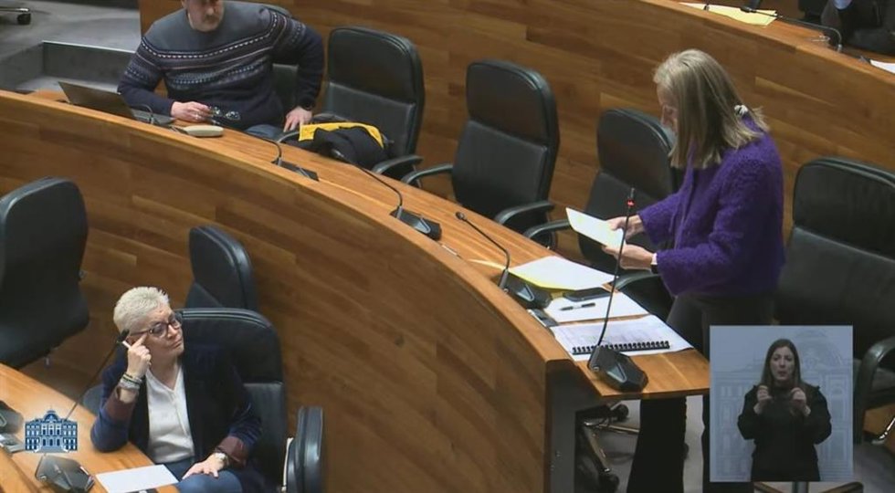 La consejera de Salud, Concepción Saavedra, escucha a la diputada del PP, PIlar Fernández Pardo.