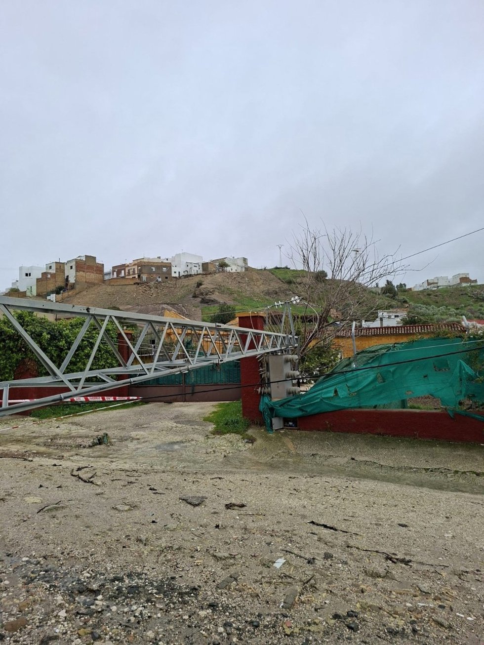 Torre eléctrica caída por el temporal en Andalucía.
