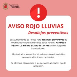 Anuncio de desalojos preventivos en zonas rurales de Ronda ante el riesgo de inundaciones por las fuertes lluvias previstas en la comarca y la ciudad.