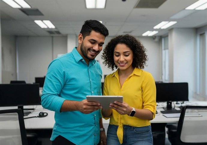 Imagen generada con IA de dos compañeros revisando una tablet en una oficina
