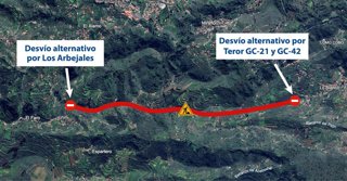 Zona de corte por demolición de viejos malecones en la GC-212  de Teror (Gran Canaria)