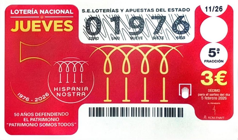 El 50 aniversario de Hispania Nostra protagoniza el sorteo de la Lotería Nacional del próximo jueves