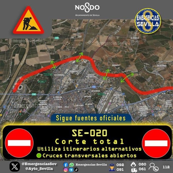 Corte total de tráfico de la SE-20 en ambos sentidos en Sevilla ante la crecida del arroyo Miraflores