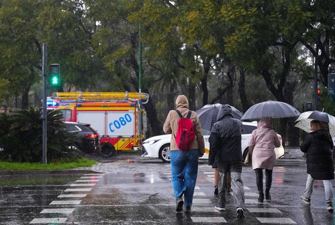 Peatones se protegen de la lluvia bajo sus paraguas, durante el paso de la borrasca Joseph. A 27 de enero del 2026 en Sevilla (Andalucía, España). 