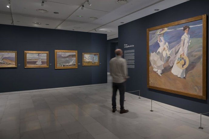Archivo - Arxiu - Visitant contemplant l'obra 'Paseo a la orilla del mar', de Sorolla, a Fundació Bancaixa.