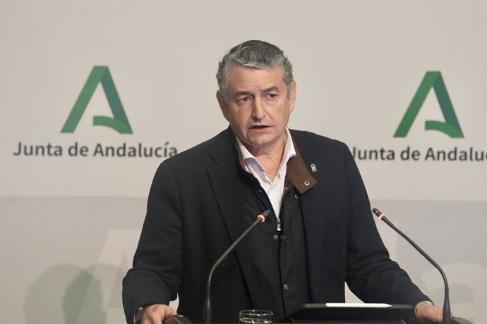 El consejero de Sanidad, Presidencia, y Emergencias de la Junta de Andalucía, Antonio Sanz, en la rueda de prensa posterior a la reunión semanal del Consejo de Gobierno de la Junta de Andalucía. A 04 de febrero de 2026 en Sevilla (Andalucía, España). 