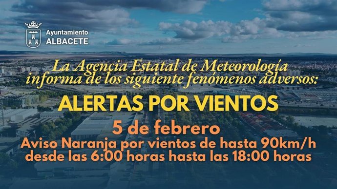 Cartel de la alerta por fuertes vientos para este jueves en Albacete.