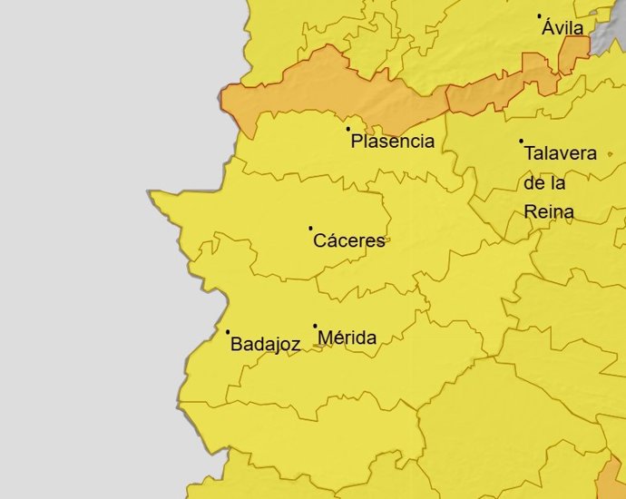Mapa de avisos meterorológicos en Extremadura para este jueves, 5 de febrero.