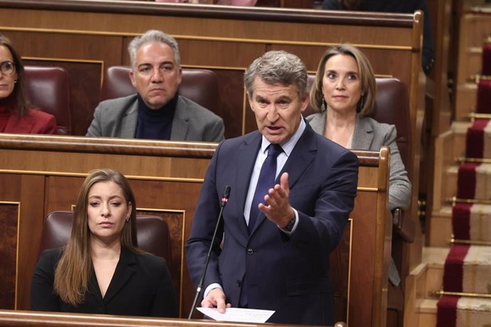 Archivo - El presidente del Partido Popular, Alberto Núñez Feijóo, durante una sesión de control al Gobierno, en el Congreso de los Diputados, a 10 de diciembre de 2025, en Madrid (España). 