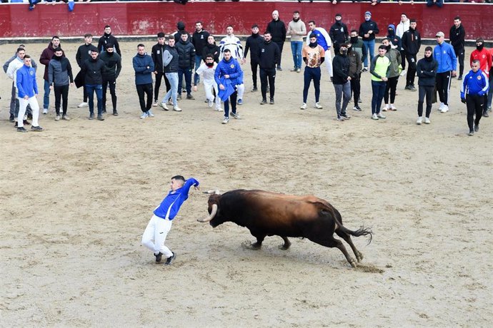 Corredor torea en la plaza de toros durante uno de los ‘encierros blancos’ de San Sebastián de los Reyes, a 18 de enero de 2026, en San Sebastián de los Reyes, Madrid (España). 