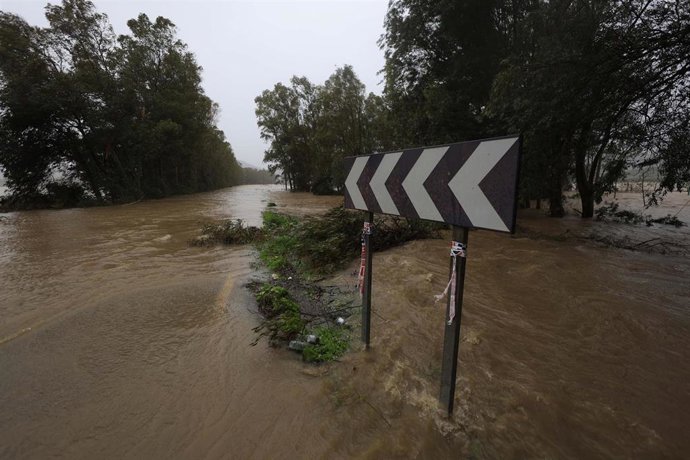 El río Pícaro desborda sus márgenes a su paso por Las Herrizas (Cádiz) y deja cortado el puente existente en la zona, en Algeciras (Cádiz).