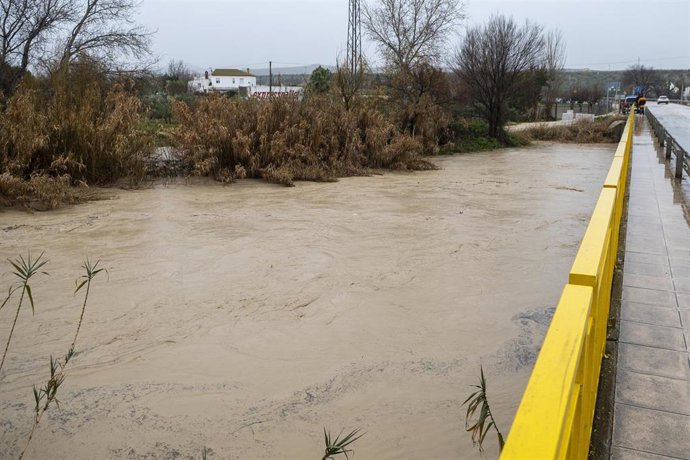 Crecida del río Guadalbullón a su paso por la localidad jienense de Puente Tablas. 