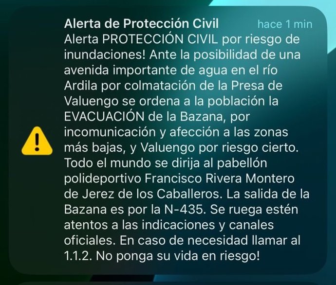 ES-Alert enviado a los vecinos de La Bazana y Valuengo