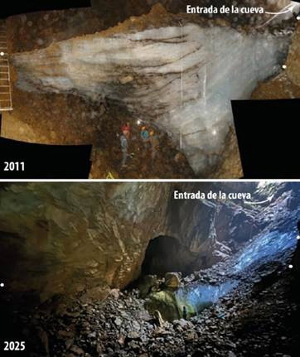 Imagen del depósito de hielo en agosto de 2011 y septiembre de 2025. Las marcas blancas corresponden con punto fijos de referencia.