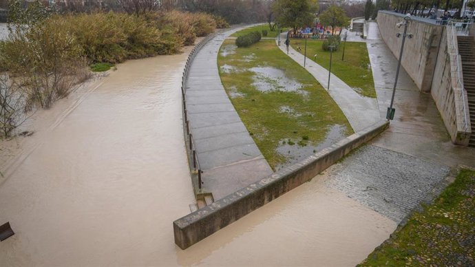 Imagen de la crecida del río Guadalquivir a su paso por la capital cordobesa.