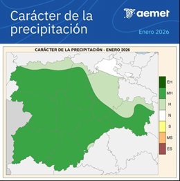 Mapa elaborado por la Aemet sobre el carácter de la precipitación correspondiente al mes de enero de 2026