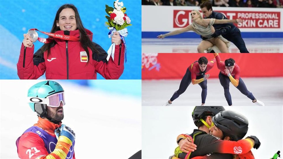 Los 'riders' Queralt Castellet y Lucas Eguibar (a la izquierda); los patinadores sobre hielo Olivia Smart y Tim Dieck; los patinadores de velocidad Nil Llop y Daniel Milagros; y los esquiadores Oriol Cardona y Ana Alonso abrazándose.