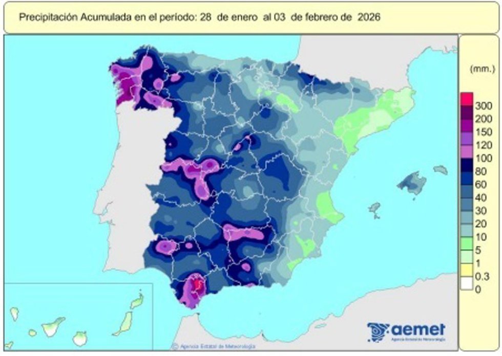 España registra 366 l/m2 de lluvia acumulada desde el 1 de octubre, un 24% más de lo normal.