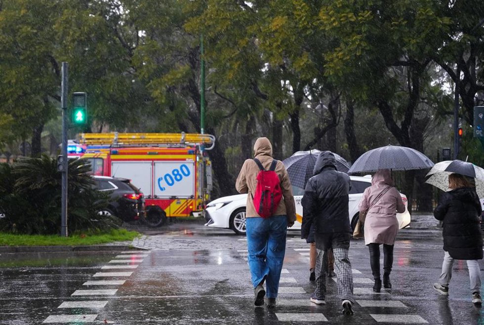 Peatones se protegen de la lluvia bajo sus paraguas, durante el paso de la borrasca Joseph. A 27 de enero del 2026 en Sevilla (Andalucía, España).