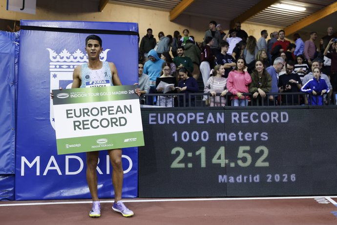 Mohamed Attaoui of Spain celebrates meeting record in the Men's 1000m during the World Athletics Indoor Tour Gold Madrid 26 at Polideportivo Gallur on February 06, 2026, in Madrid, Spain.