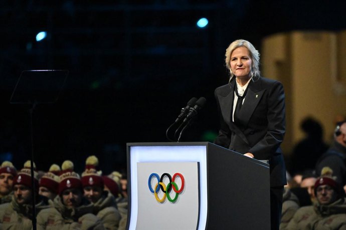 06 February 2026, Italy, Milan: President of the International Olympic Committee Kirsty Coventry speaks at San Siro Olympic Stadium during the opening ceremony of the Olympic Winter Games Milano-Cortina 2026. Photo: Peter Kneffel/dpa-POOL/dpa