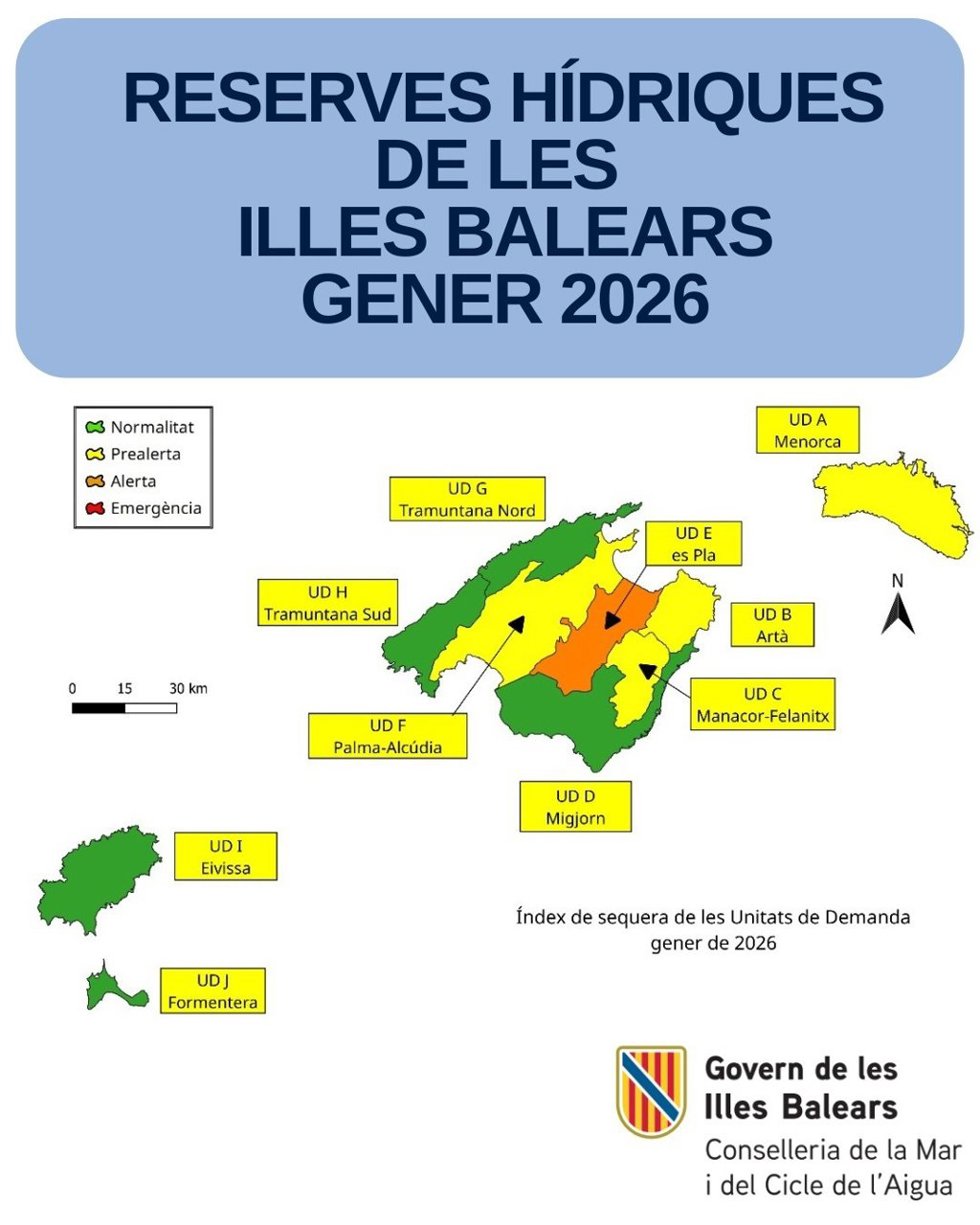 Mapa de la situación de las reservas hídricas de Baleares en enero de 2026.